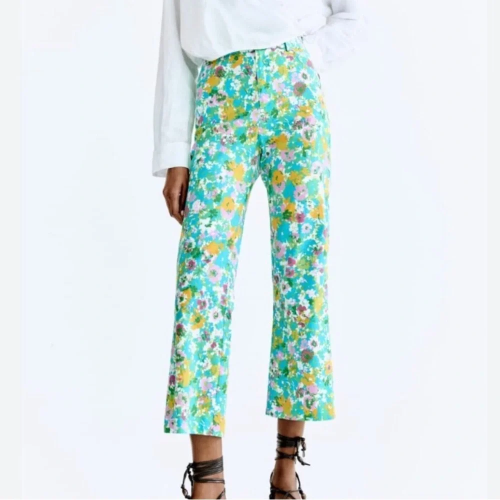 NWT Zara Multicolor Floral Cropped Mini Flare Size 4 Linen Blend Pants